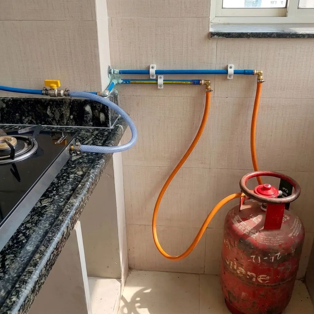 Copper gas pipeline route near a domestic LPG cylinder