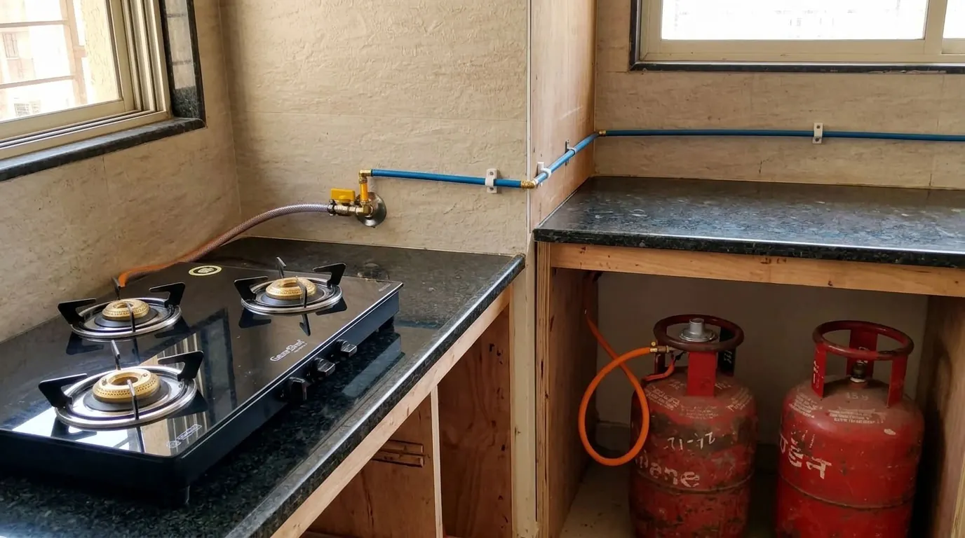 Gas pipeline installed along a kitchen wall at a customer site